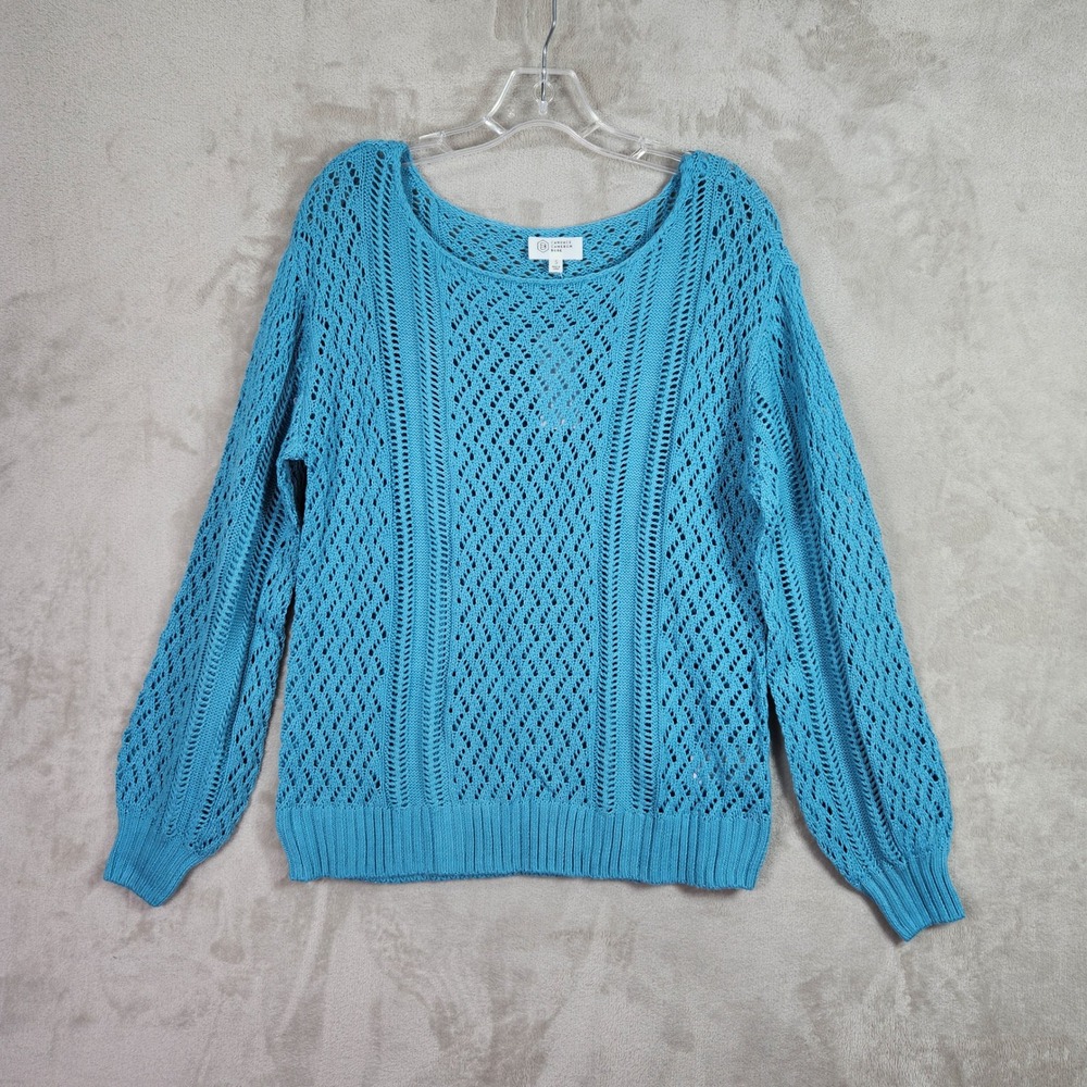 Candace Cameron Bure Sweater Women Small Aqua Pointelle PullOver Novelty A608142